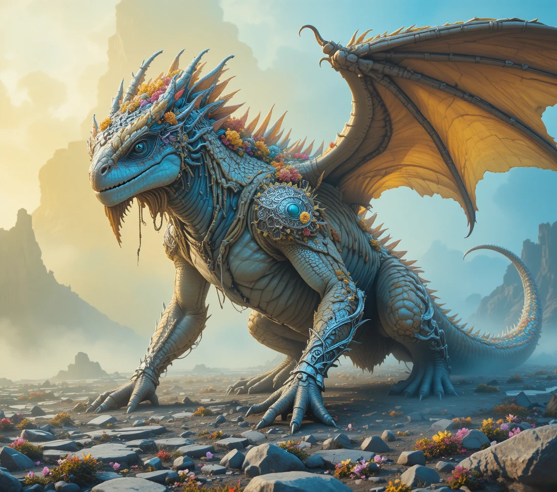 Dragón wyvern místico con armadura ornamentada entre niebla en tonos pastel