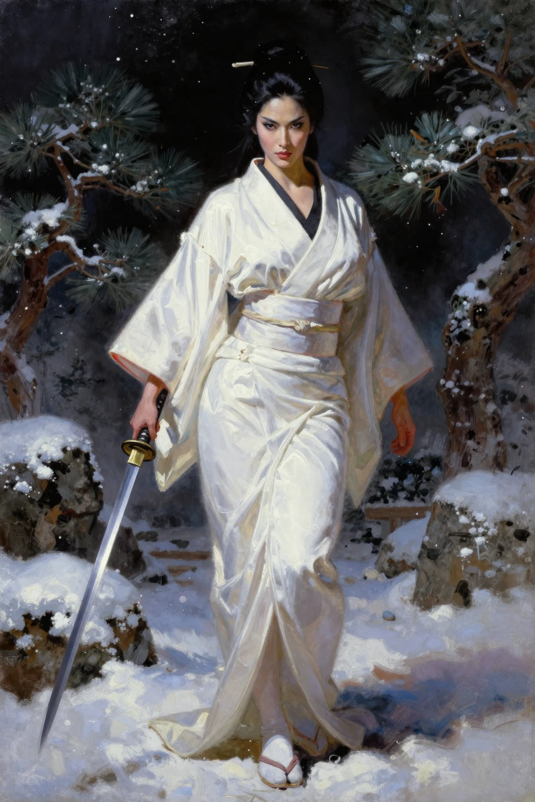 Mujer samurái con katana en jardín japonés nevado