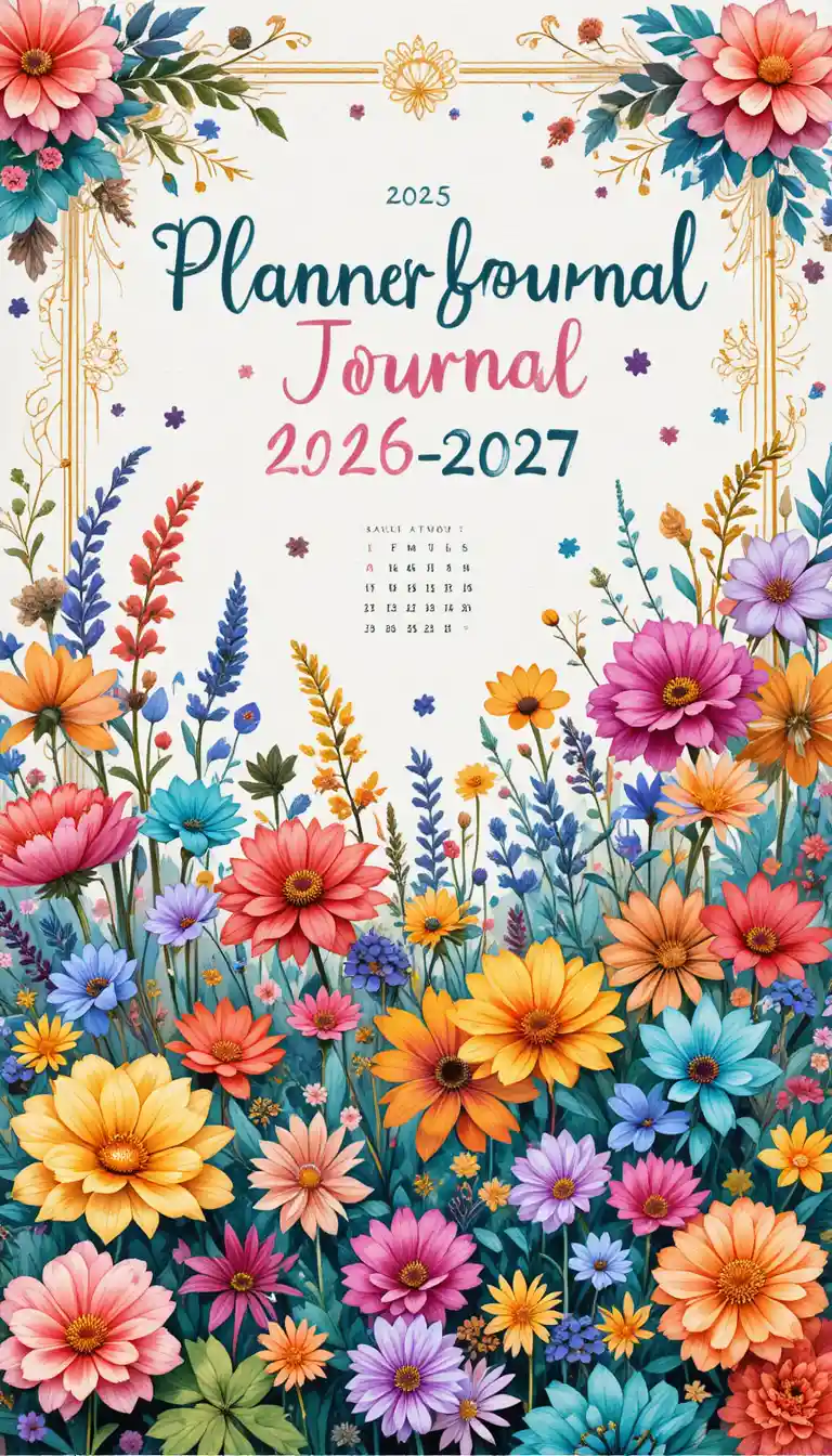 Whimsical floral planner cover with colorful geometric patterns