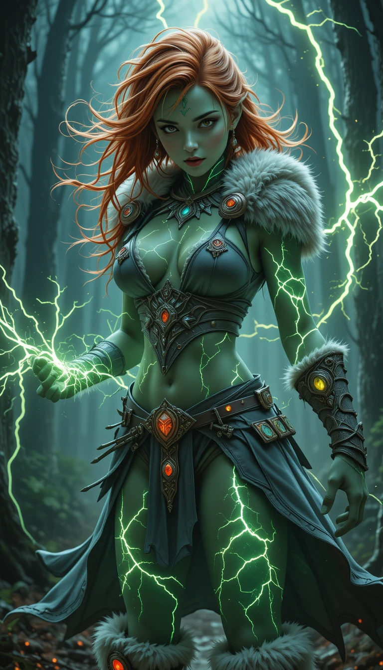 Guerrera tímida de fantasía posando con energía eléctrica