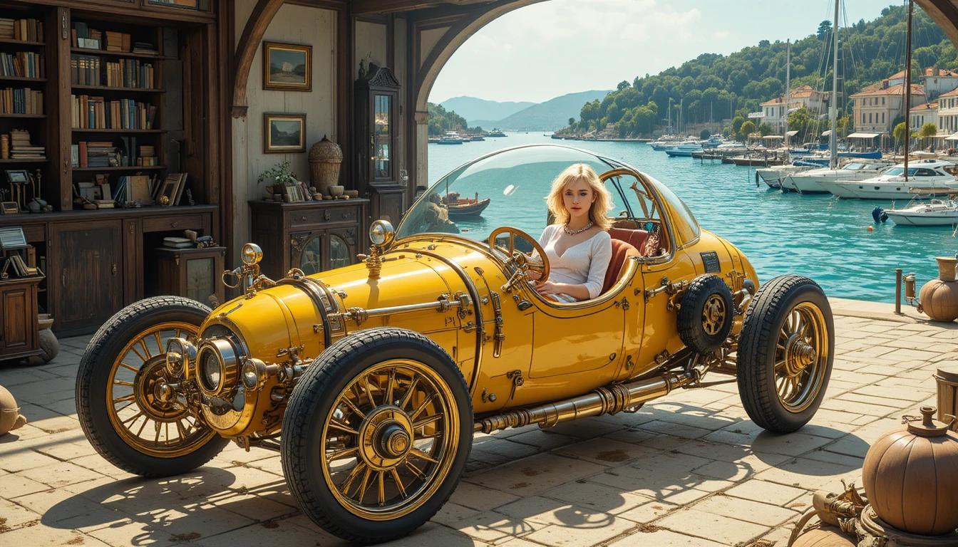 Auto gialla steampunk in accogliente officina vintage