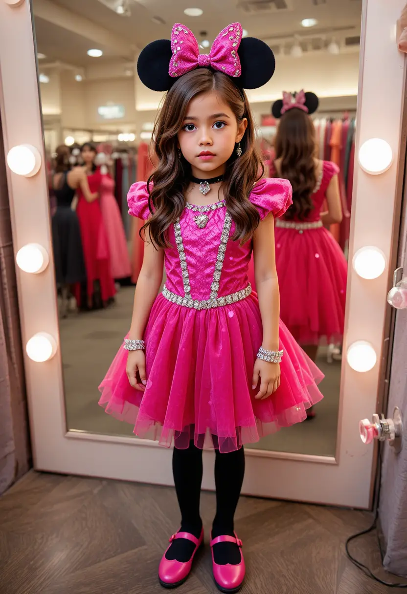 Nervous teen in pink minnie dress at boutique vanity