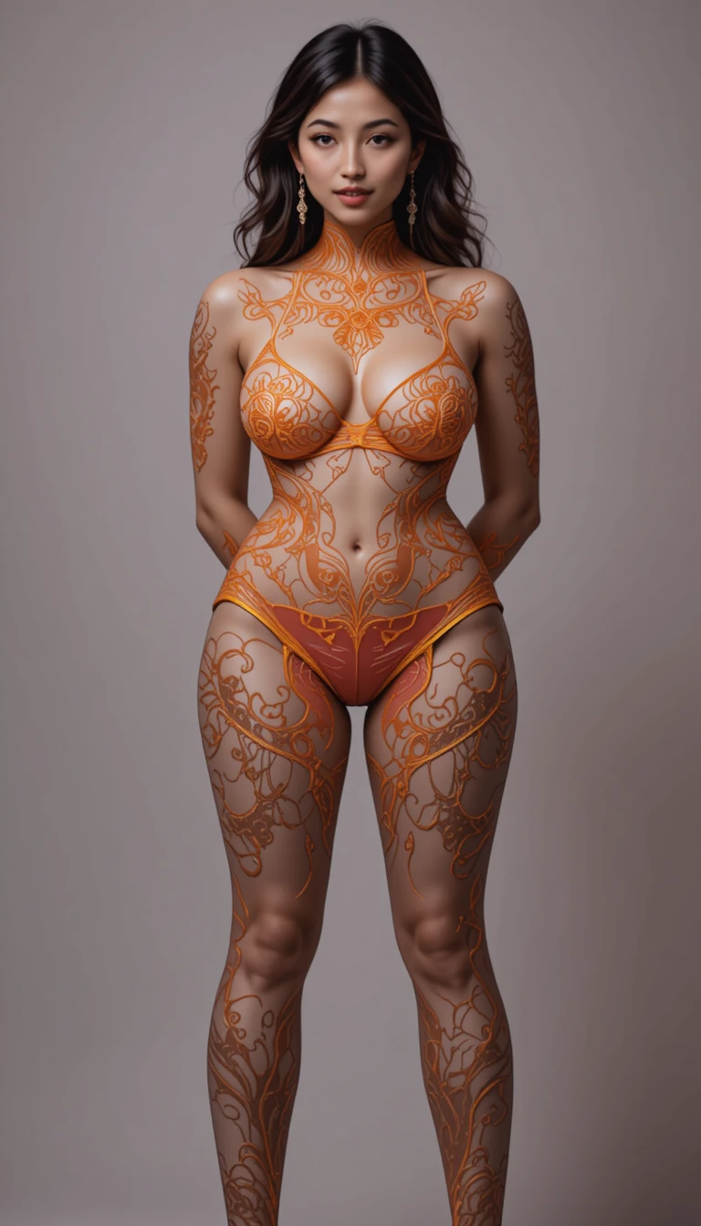 Mujer sensual con encaje translúcido y arte corporal intrincado