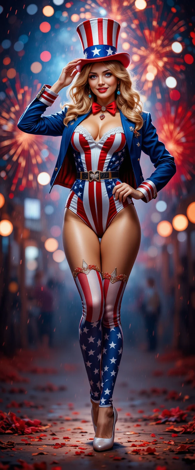Mujer pin up patriótica en pose festiva y glamurosa