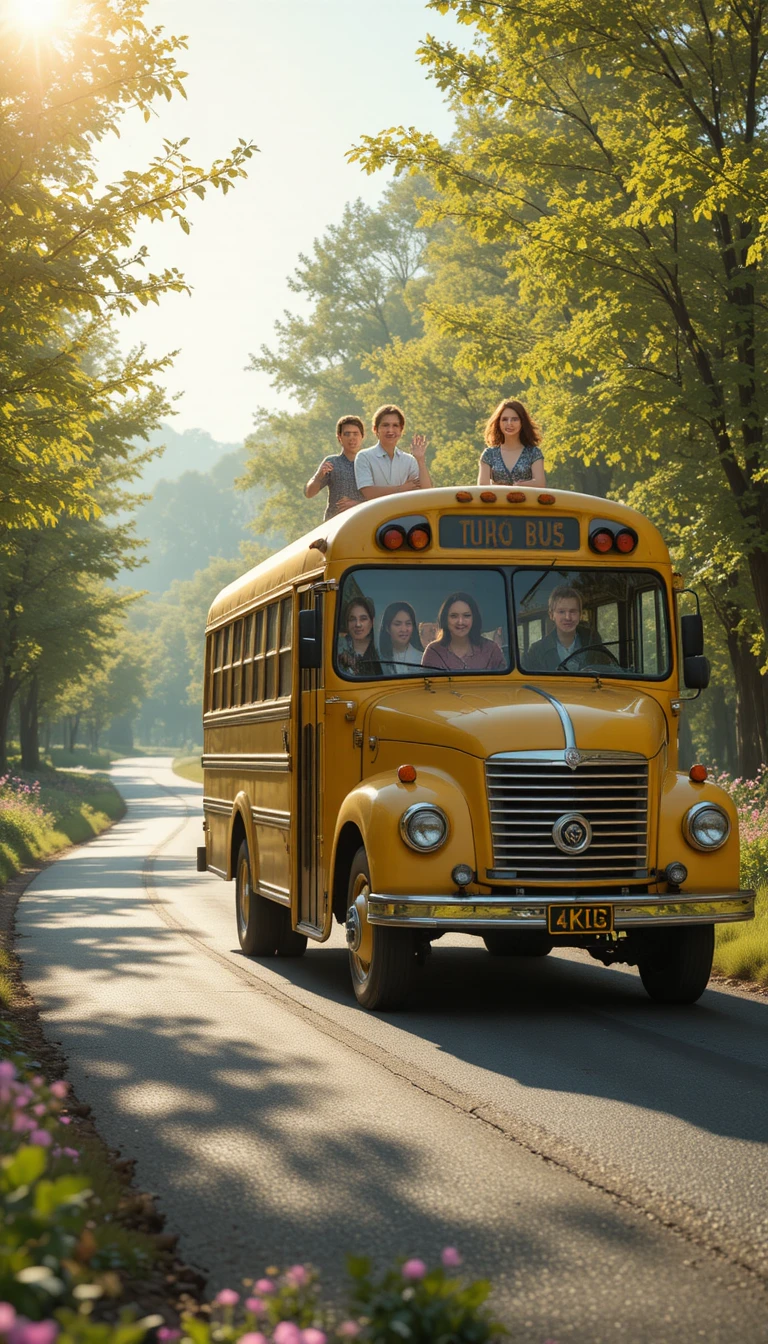 Vintage yellow school bus on a sunny country road