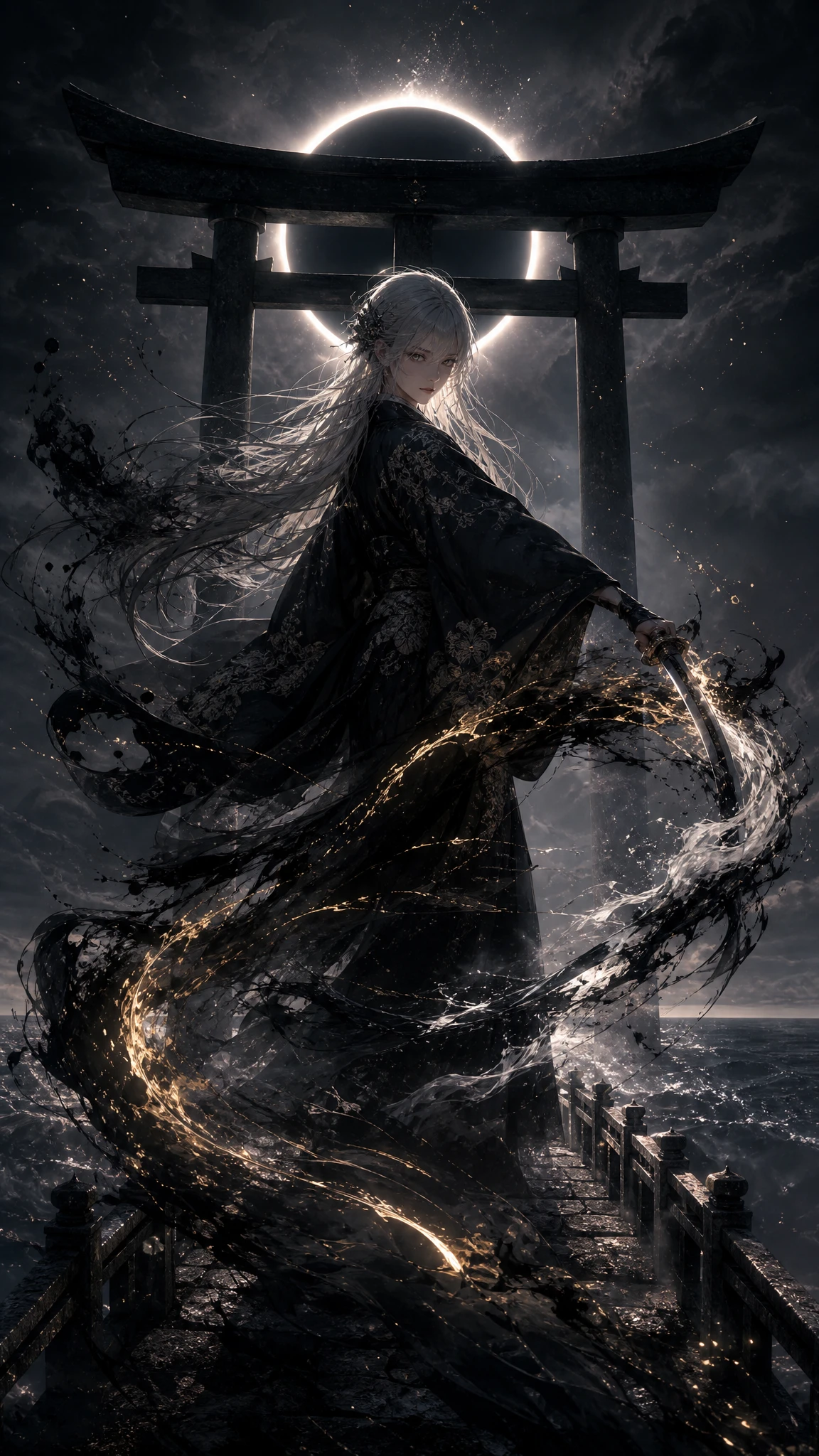古老橋上的空靈銀髮女戰士
