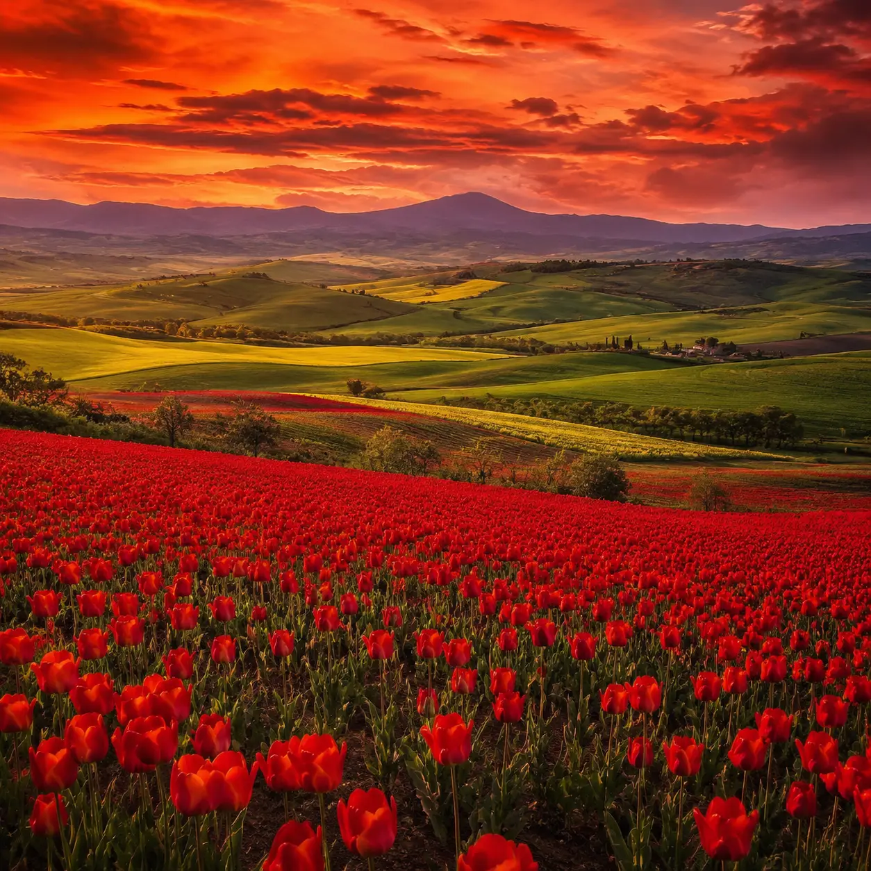 Rolling tulip fields and green hills under a warm sky