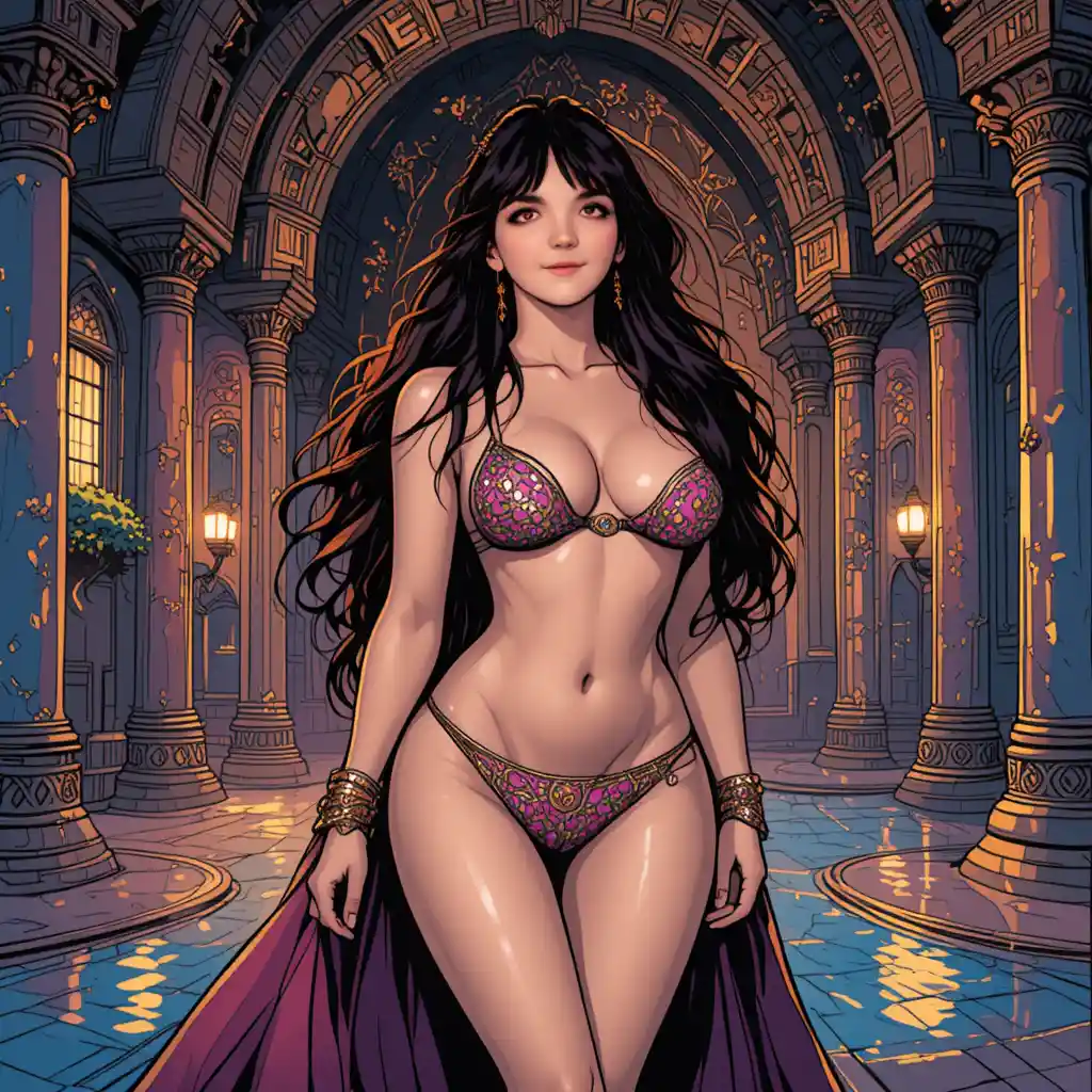 Sultry harem woman in micro bikini at arabian palace