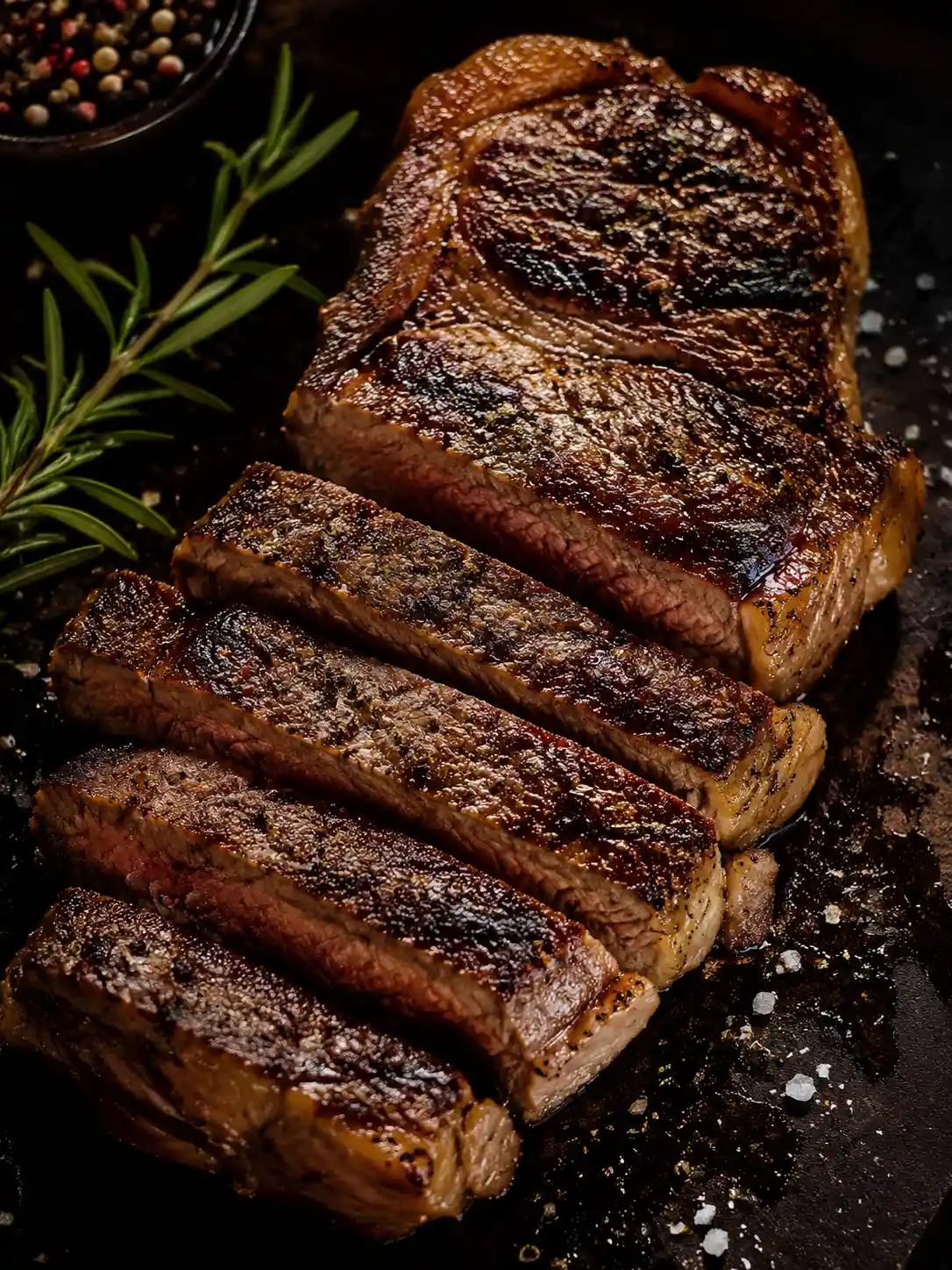 Close up new york steak cooked well done