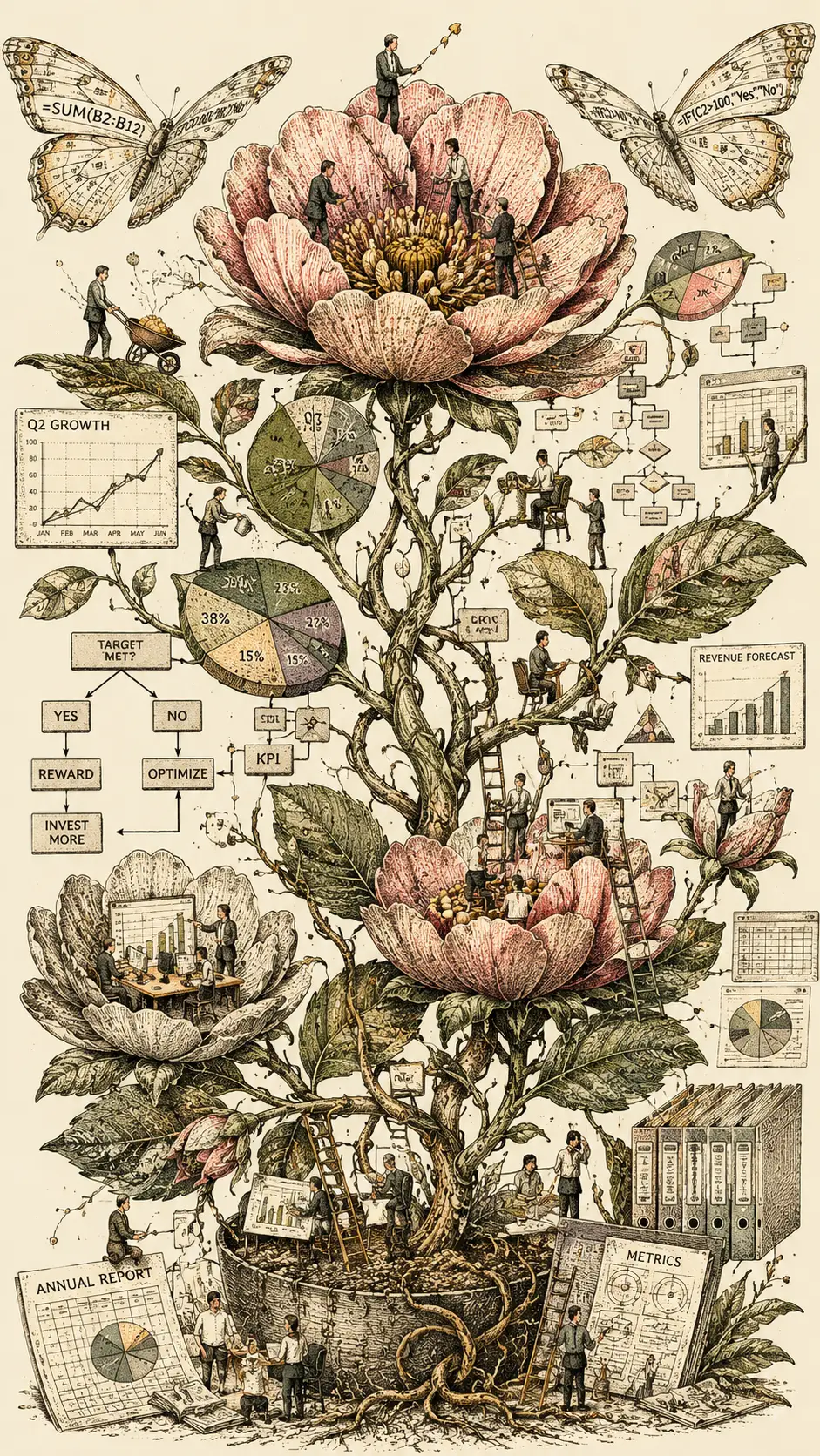 Botanical illustration with flowers growing from data dashboards