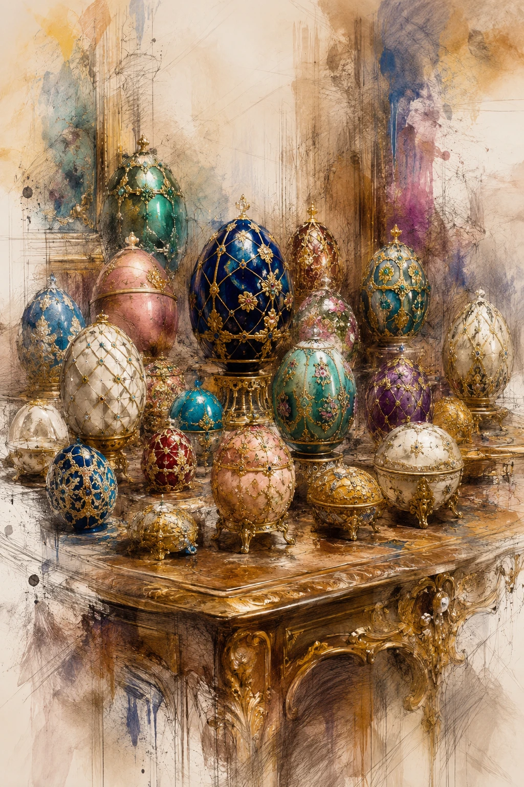 Huevos de estilo Fabergé sobre una gran mesa vintage en boceto
