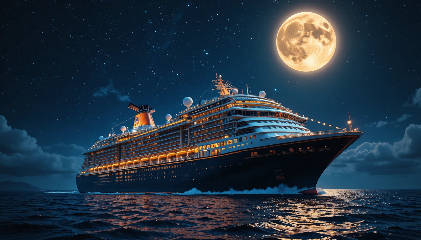 Nave da crociera che salpa di notte sotto una luminosa luna piena