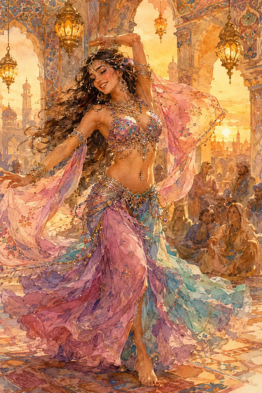 Bailarina de danza del vientre en acuarela en antiguo patio persa