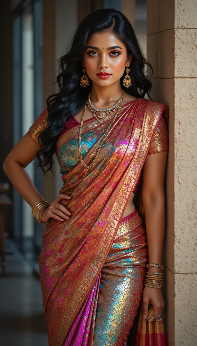Mujer india con sari espejo brillante inclinándose por la cintura