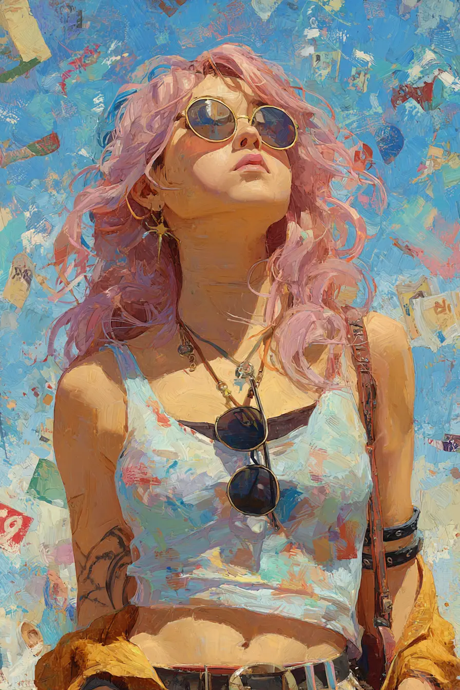 Watercolor portrait of a radiant woman in summer light