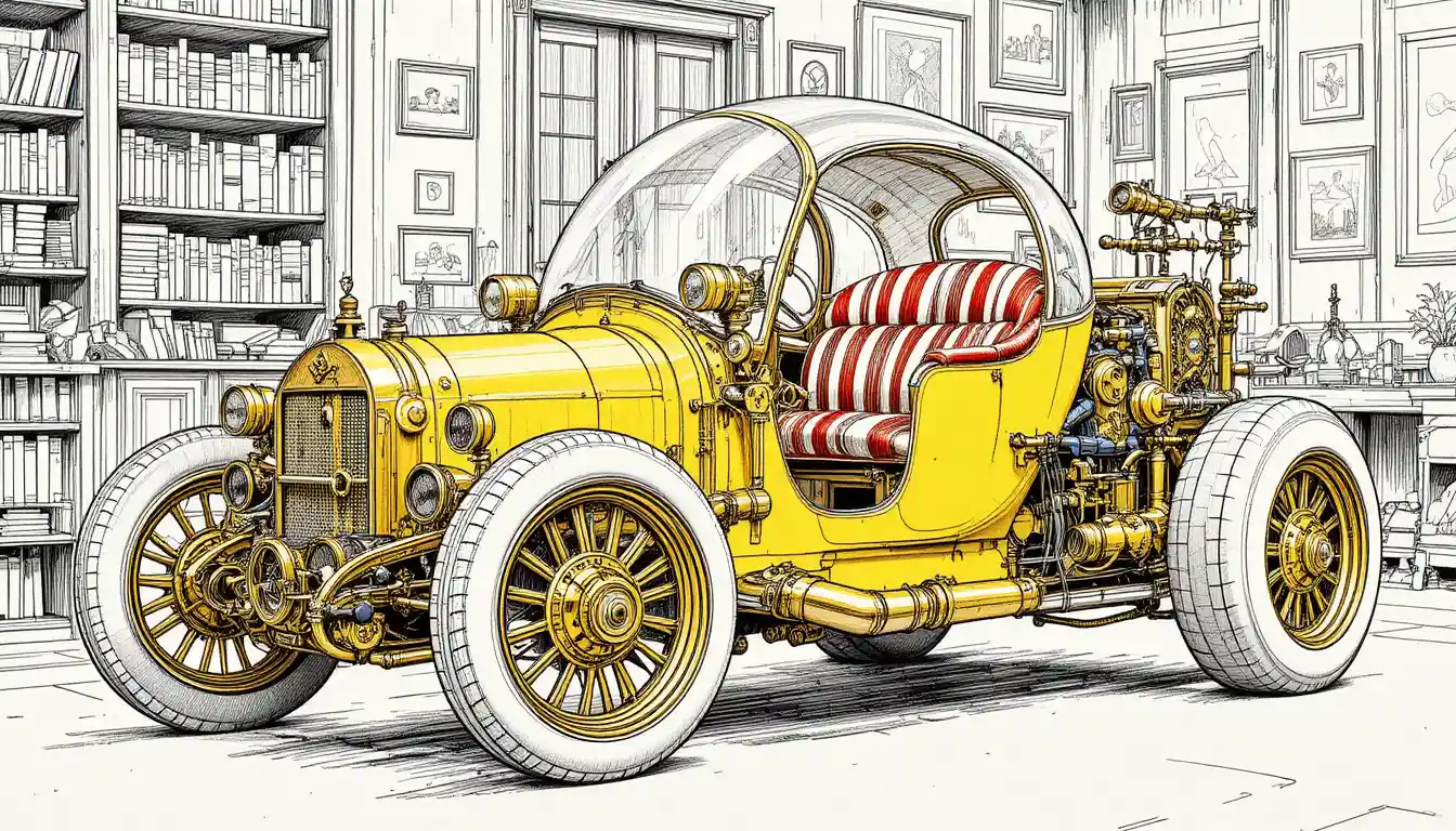 Steampunk Yellow Car In A Cozy Vintage Workshop