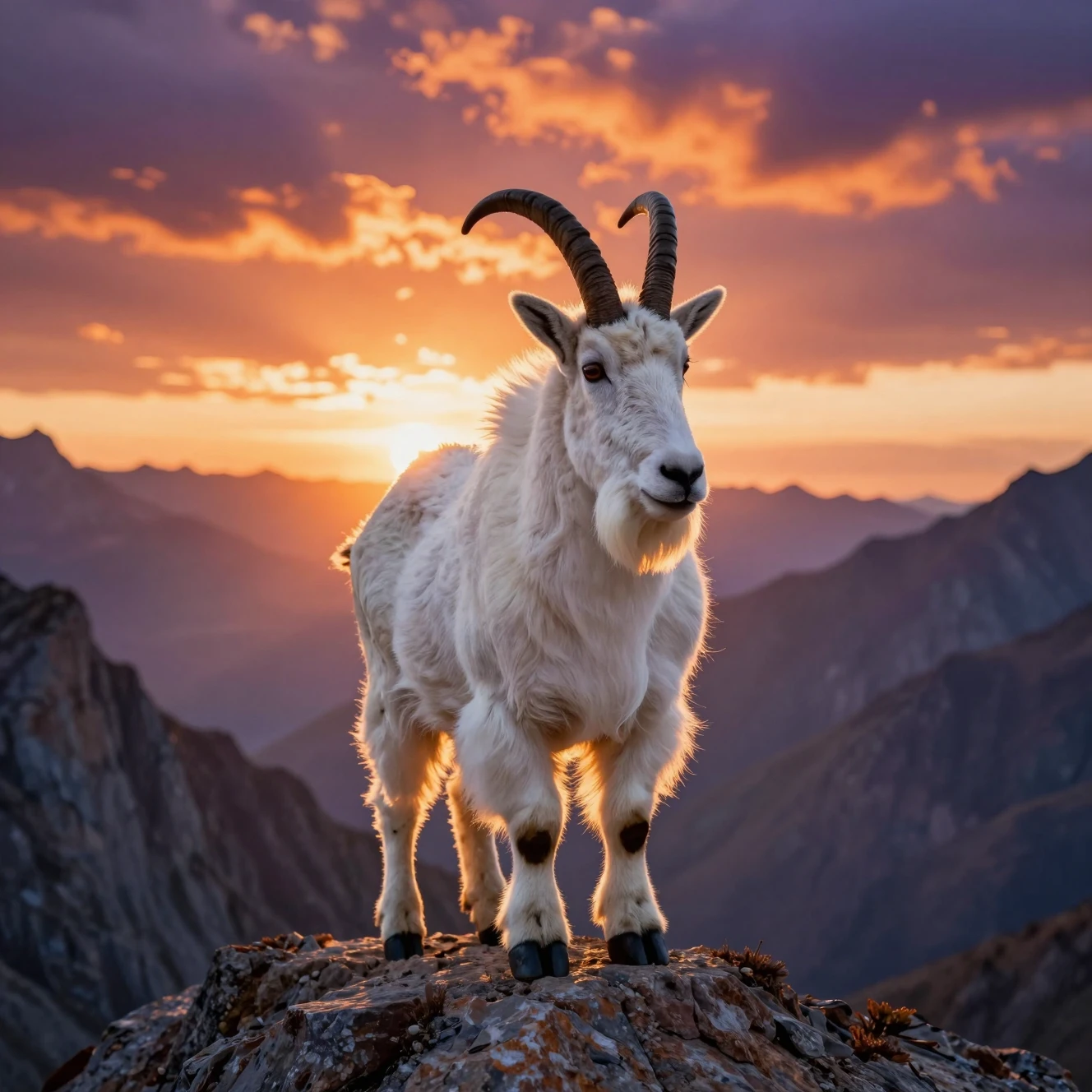 Chèvre de montagne sur une étroite falaise au coucher de soleil dramatique