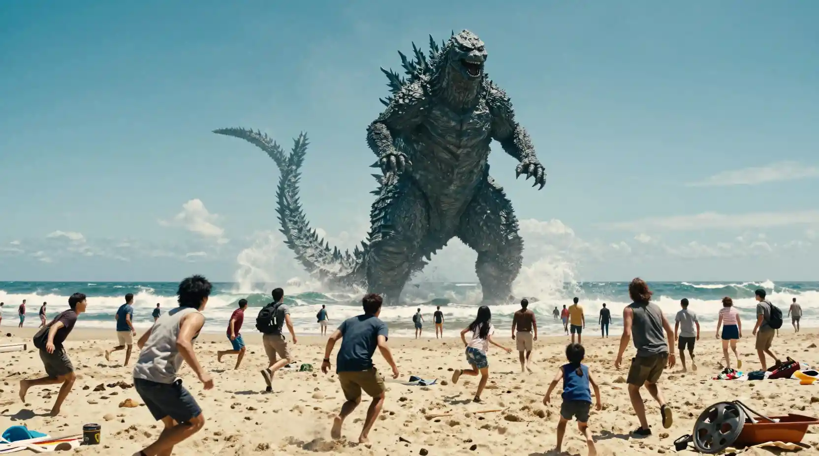 Giant sea monster towers over panicked crowded beach