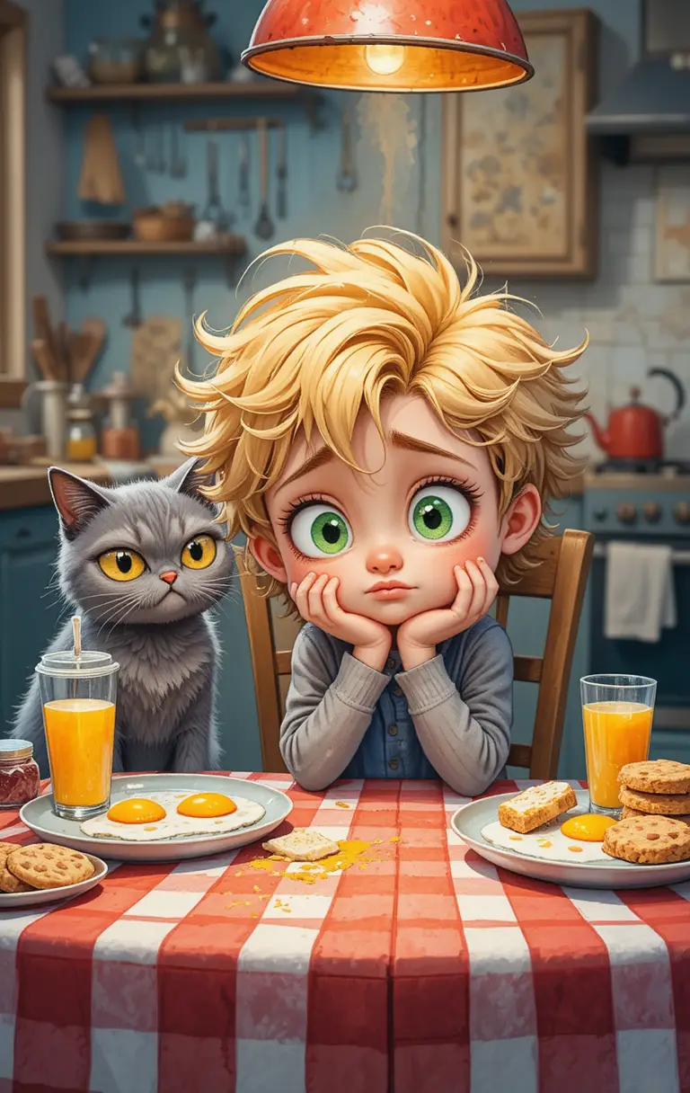Disappointed Child And Cat At A Cozy Kitchen Table