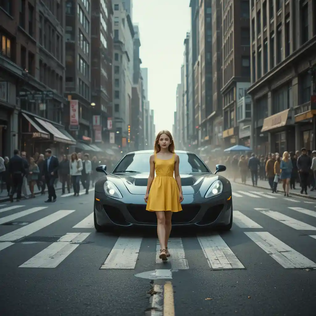 Jeune fille traversant une rue animée de New York