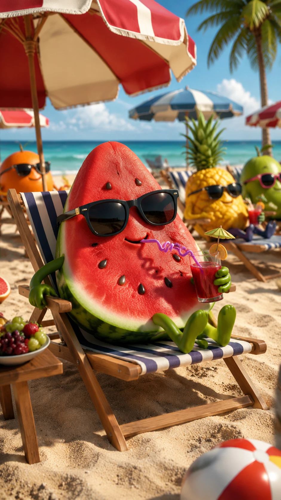 Entspannter Wassermelonen-Charakter, der an einem sonnigen Strand liegt