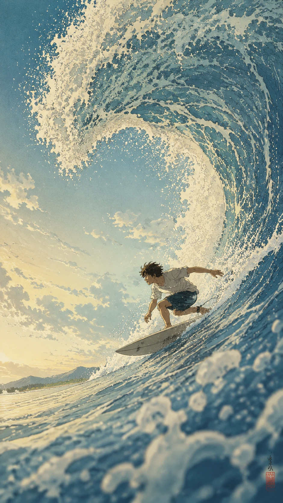 Garoto de anime surfando uma onda gigante na suave luz de verão