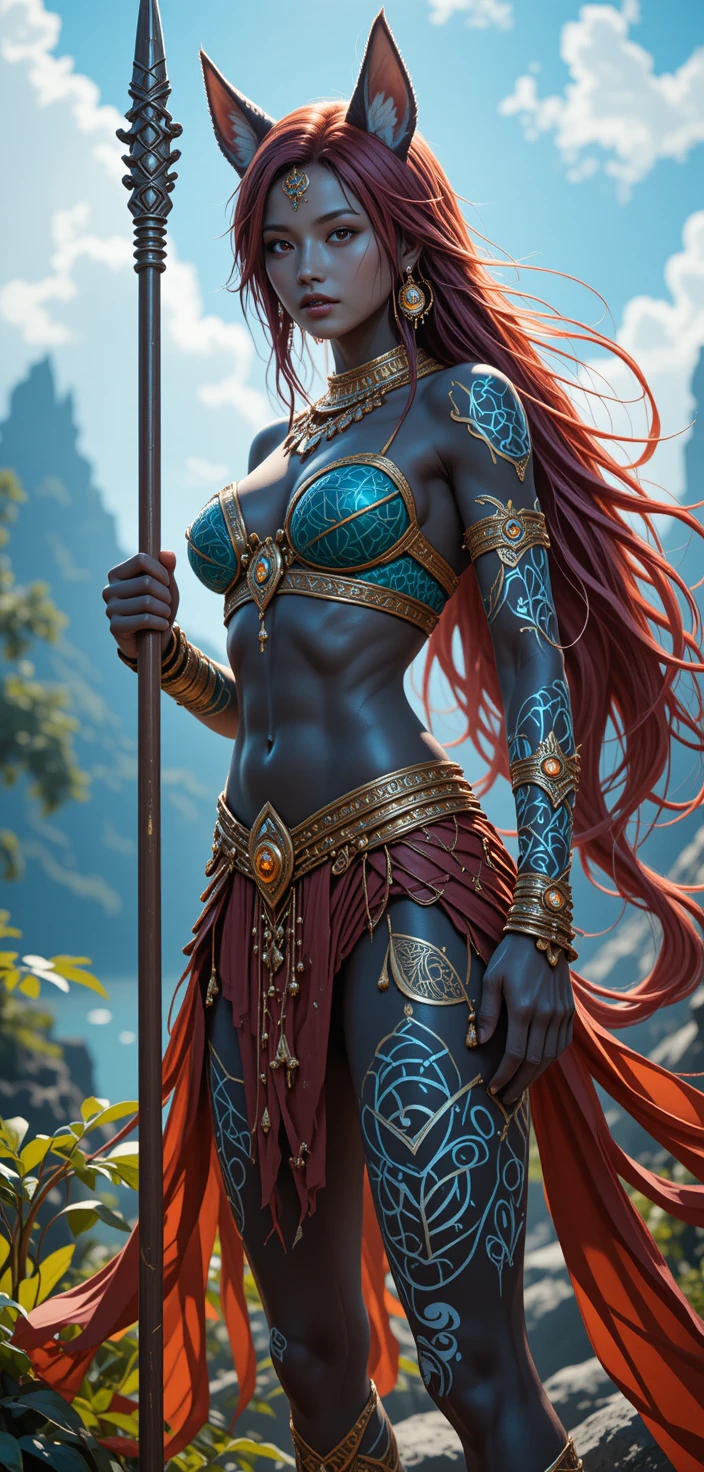 Guerrera de anime en una pose de batalla brillante