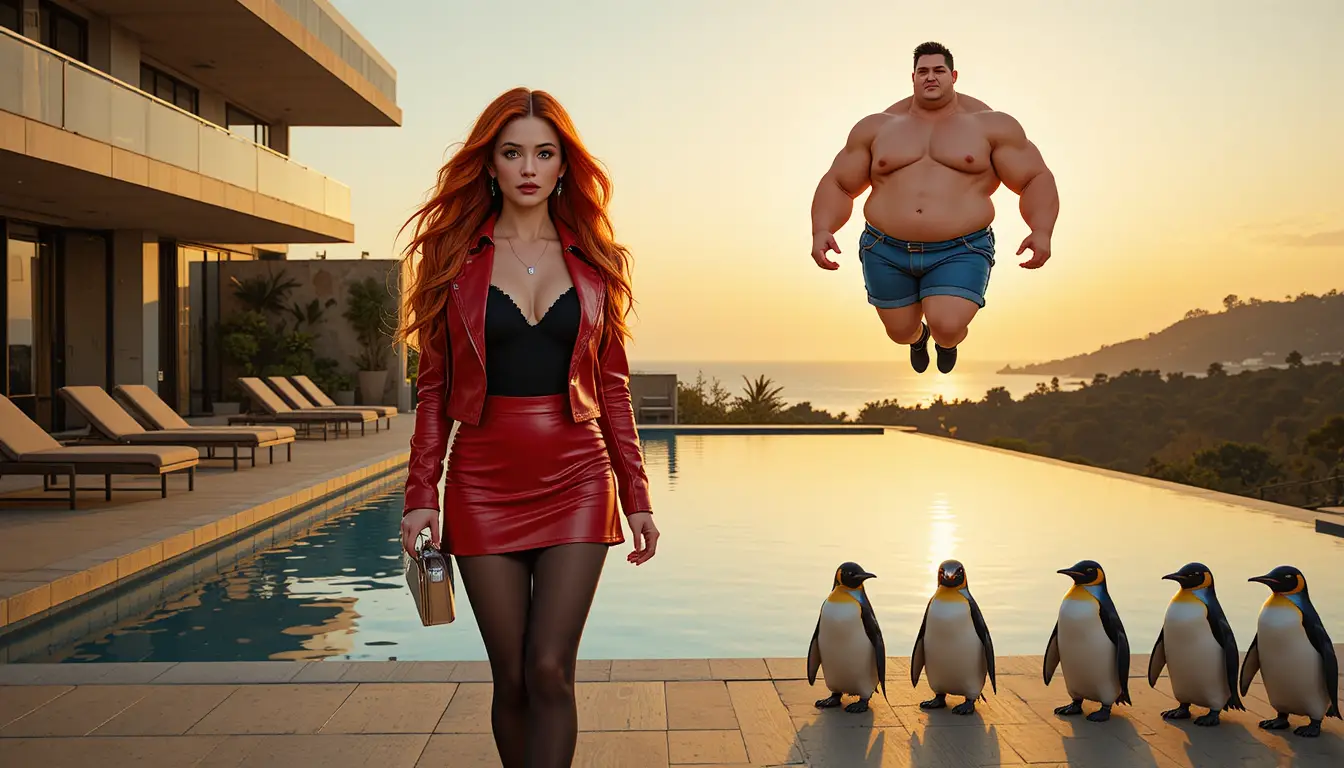 Red haired woman walking by luxury pool at sunset