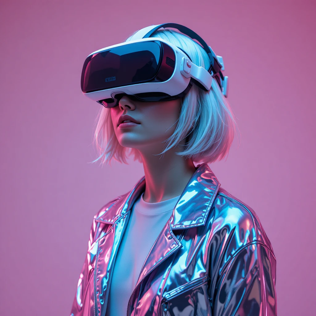 Mujer futurista con visor de realidad virtual y luces de estudio neón