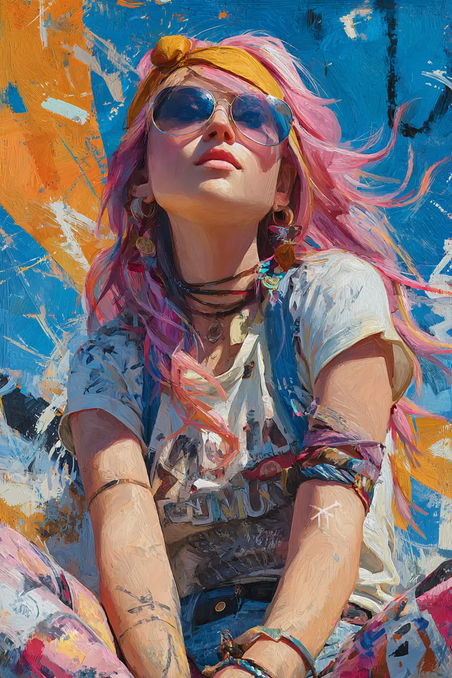 Watercolor portrait of a radiant woman in urban sunlight