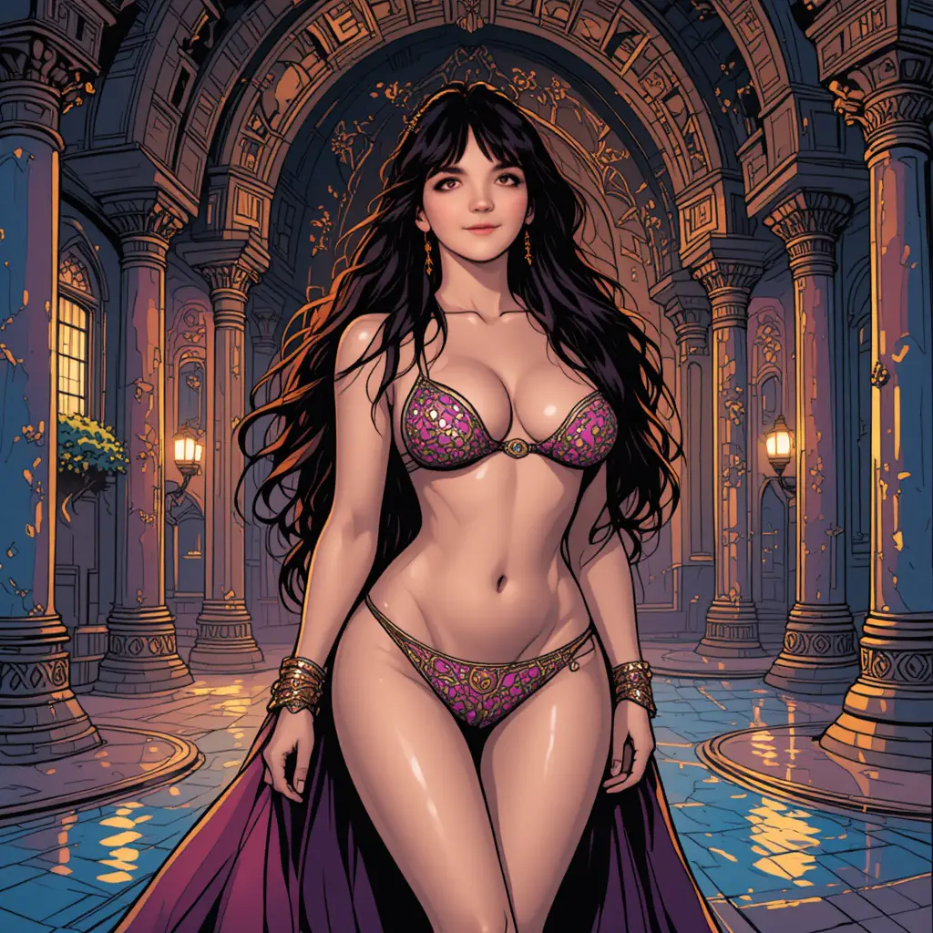 Sultry harem woman in micro bikini at arabian palace