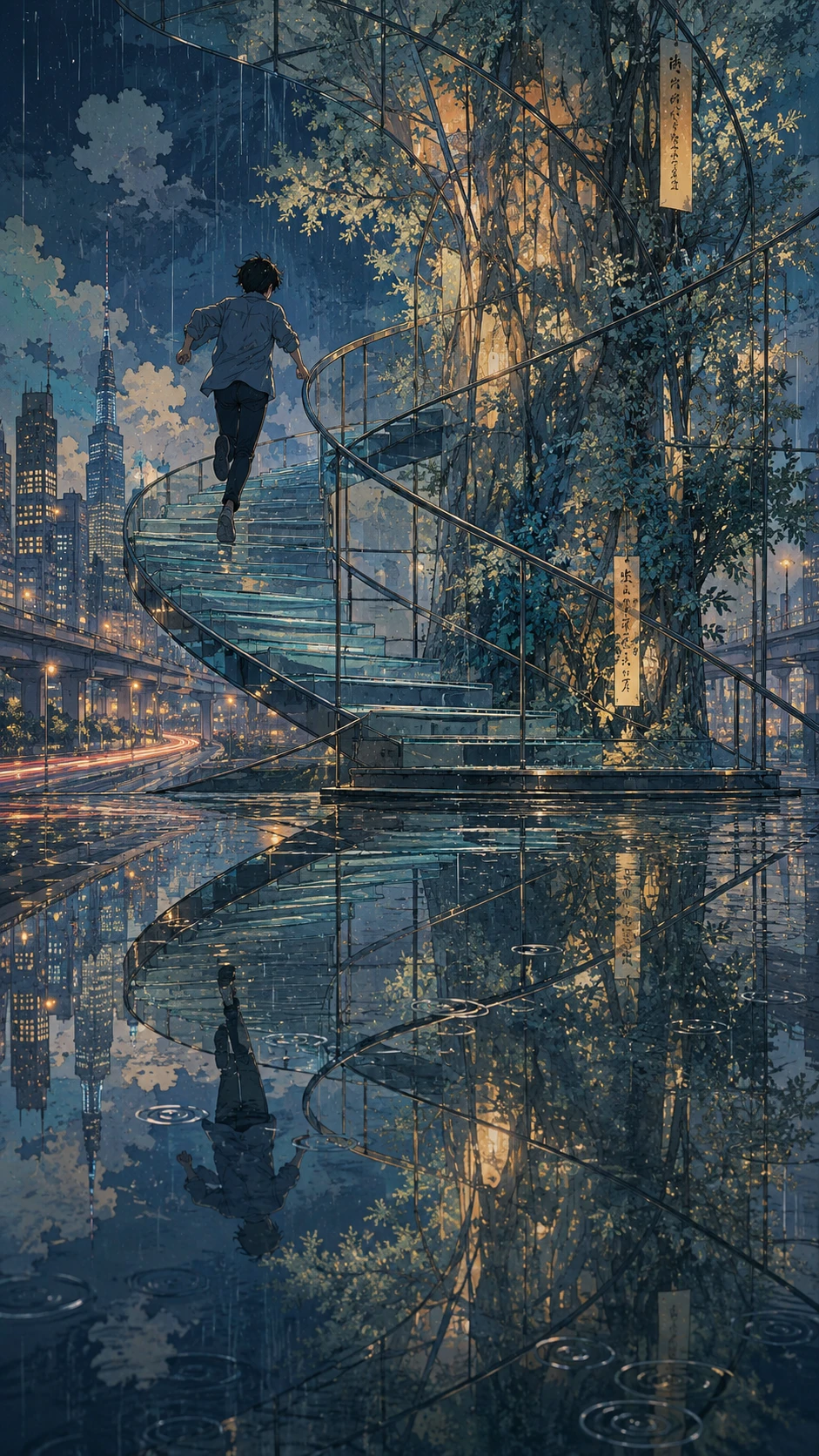 Chico de anime bajando por una escalera futurista en una ciudad lluviosa
