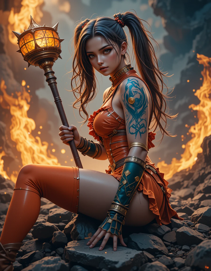 Giant fantasy girl with hammer staff in blazing fire