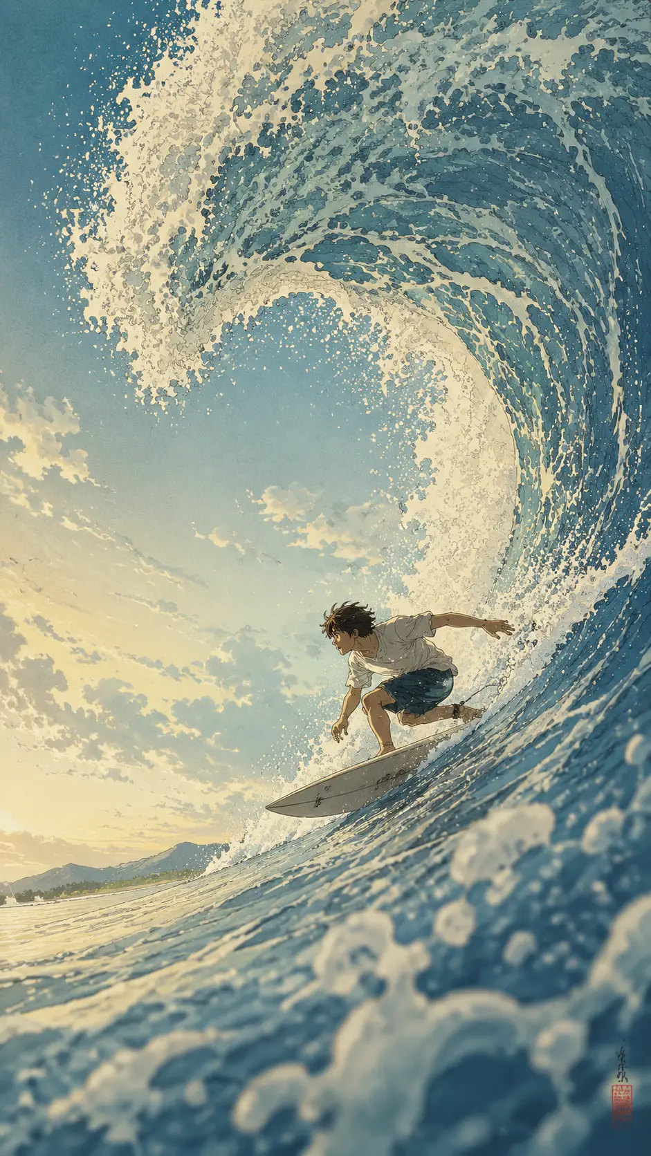 Anime Boy Surfing A Giant Wave In Soft Summer Light