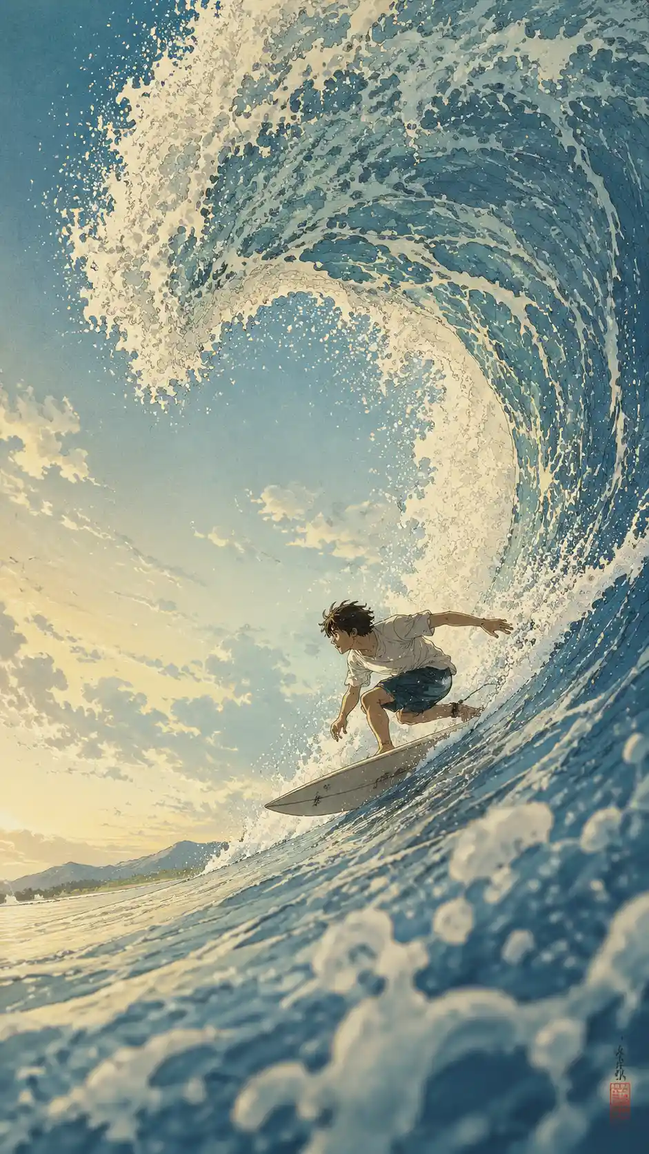 Chico de anime surfeando una ola gigante bajo la suave luz de verano
