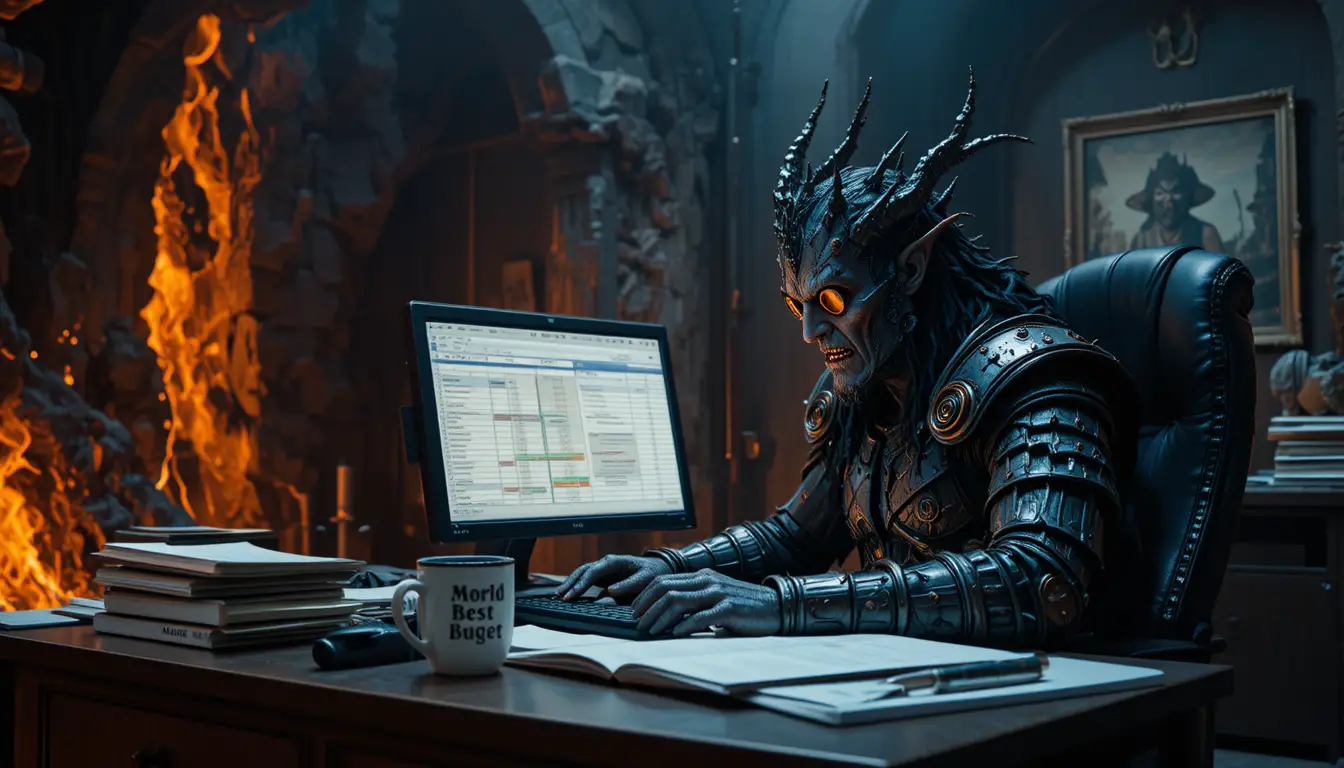 Dark lord boss in volcanic office cubicle with computer