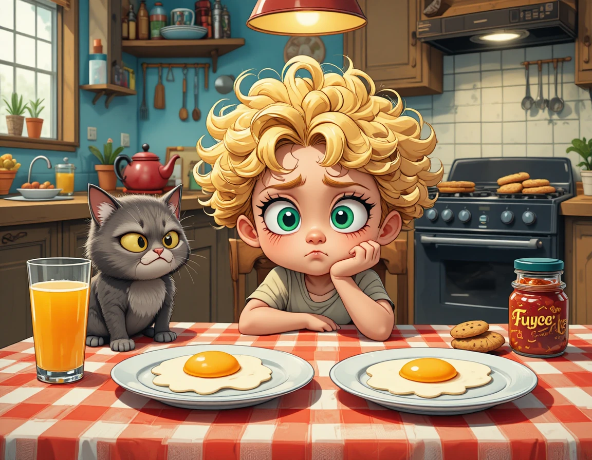Niño malhumorado y gato gruñón en una mesa de cocina acogedora