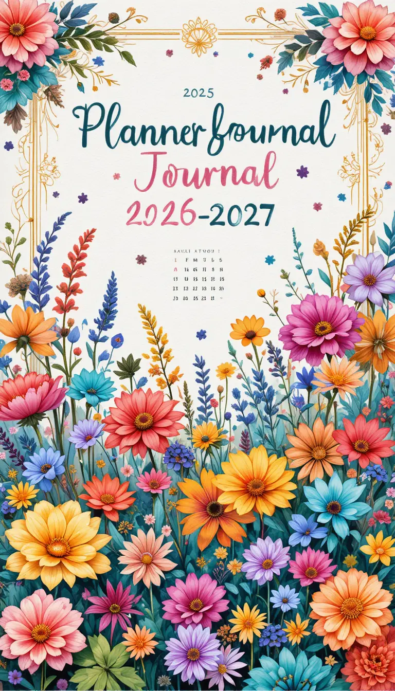 Whimsical floral planner cover with colorful geometric patterns