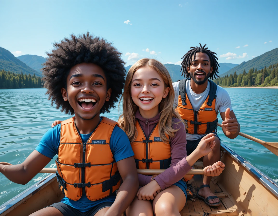 Familia haciendo canotaje en un tranquilo lago de montaña a la luz del sol