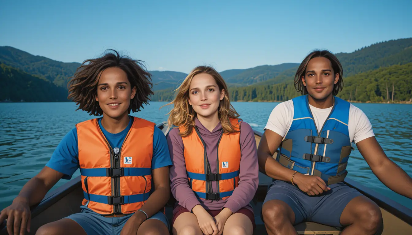 Family canoe trip on a calm mountain lake