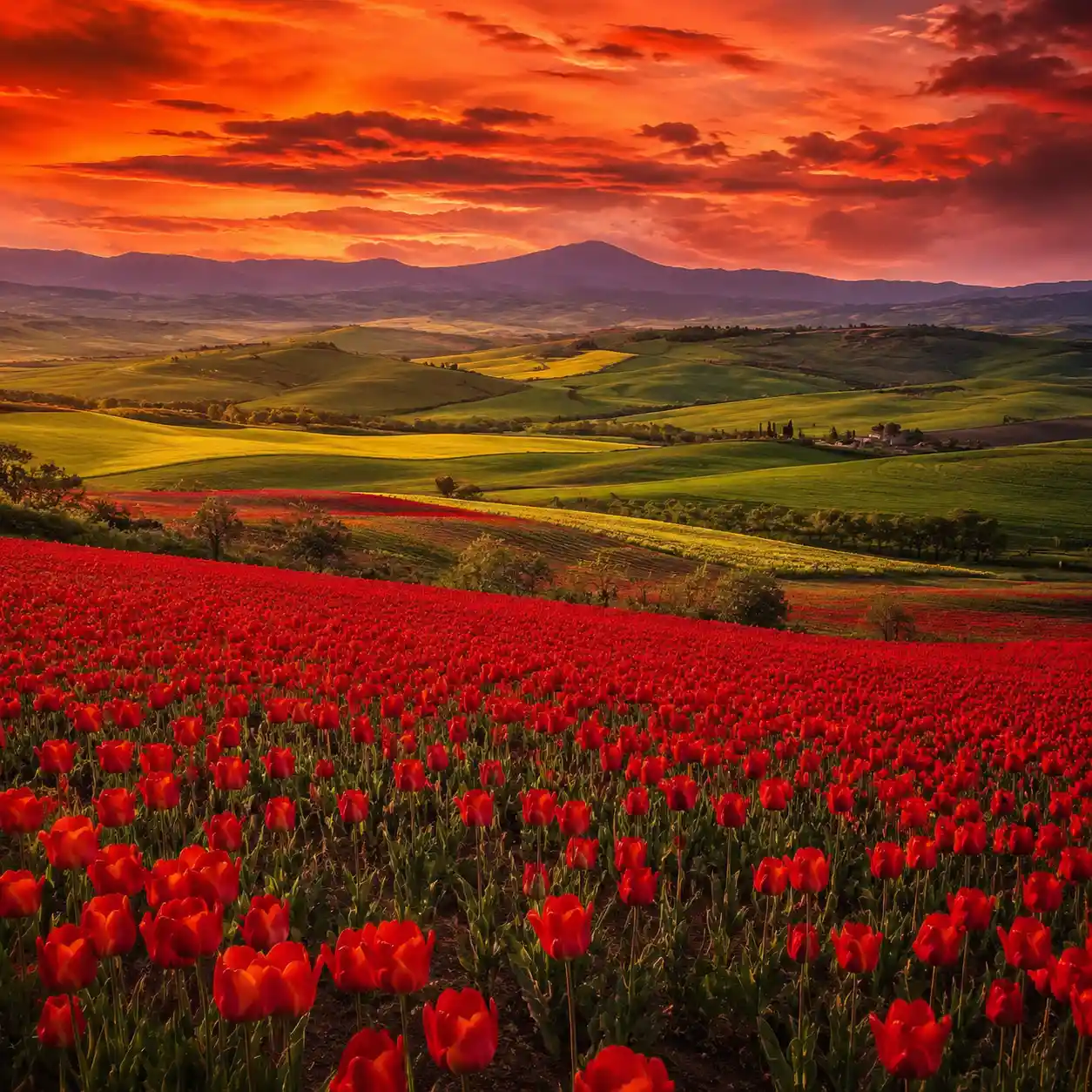 Rolling tulip fields and green hills under a warm sky