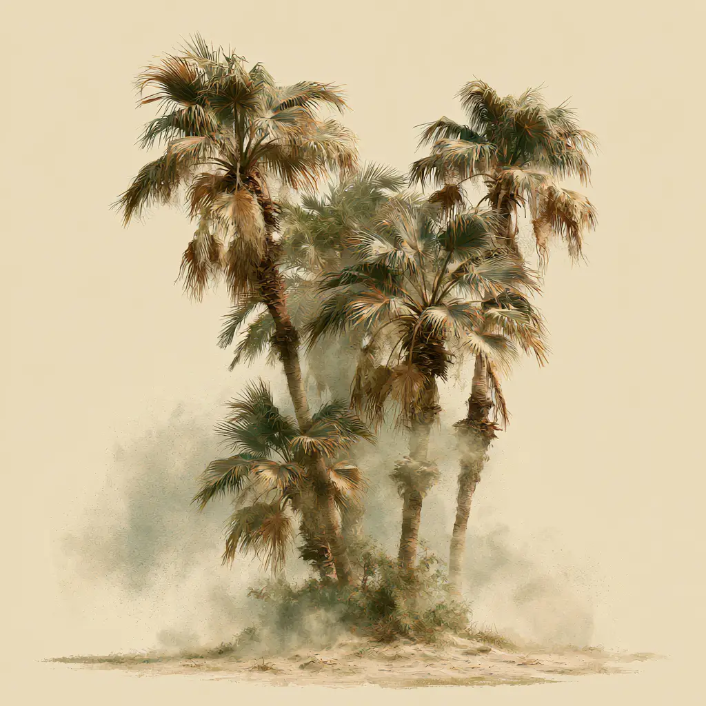Tropical palm trees in sandy beige desert haze