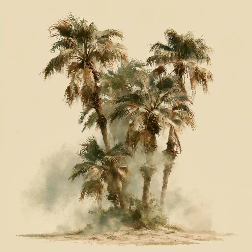 Tropical palm trees in sandy beige desert haze