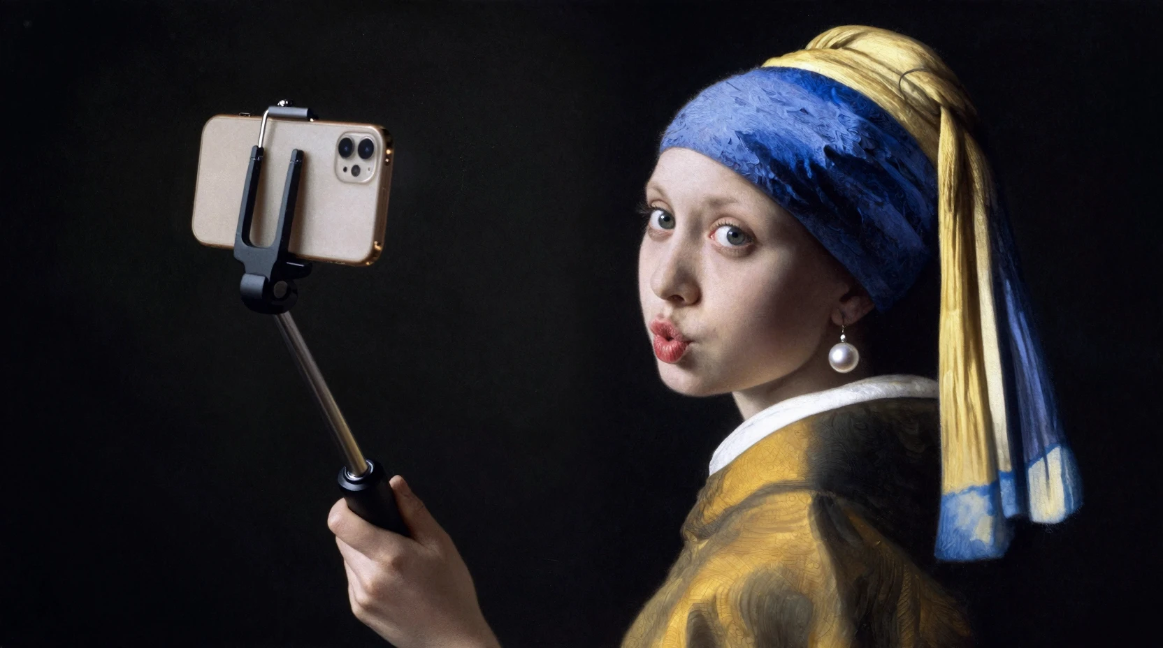 Retrato parodia de una chica sosteniendo un palo de selfie luminoso