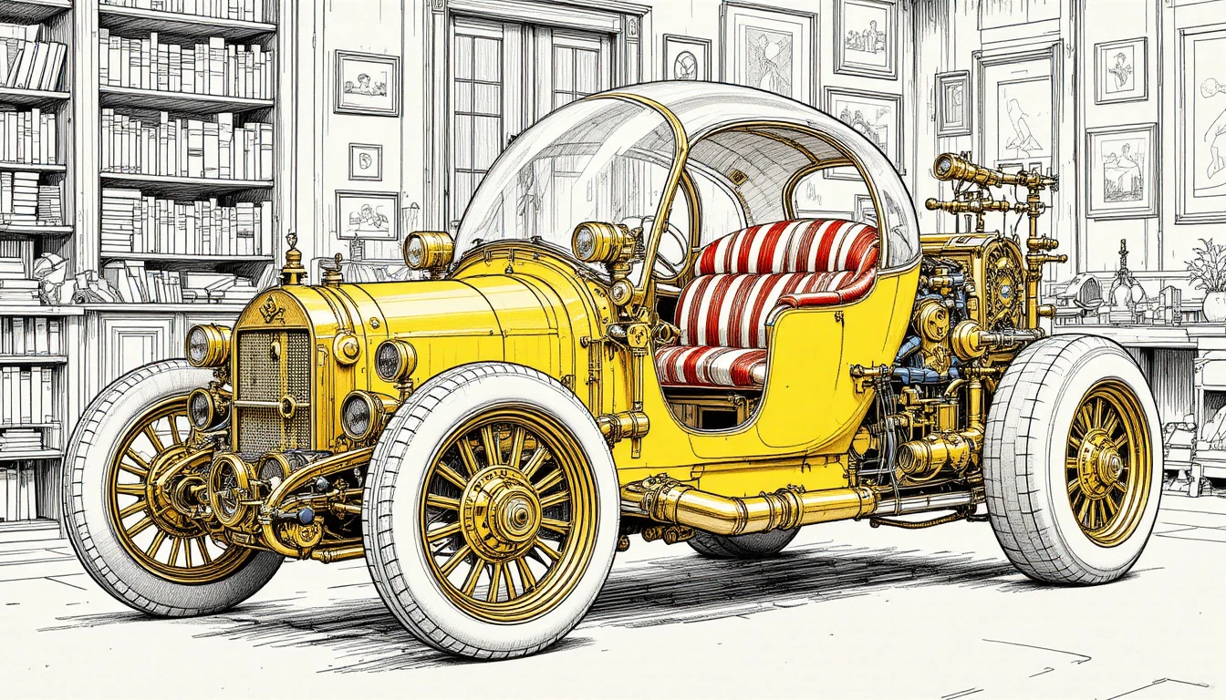 Coche Amarillo Steampunk en un Acogedor Taller Vintage