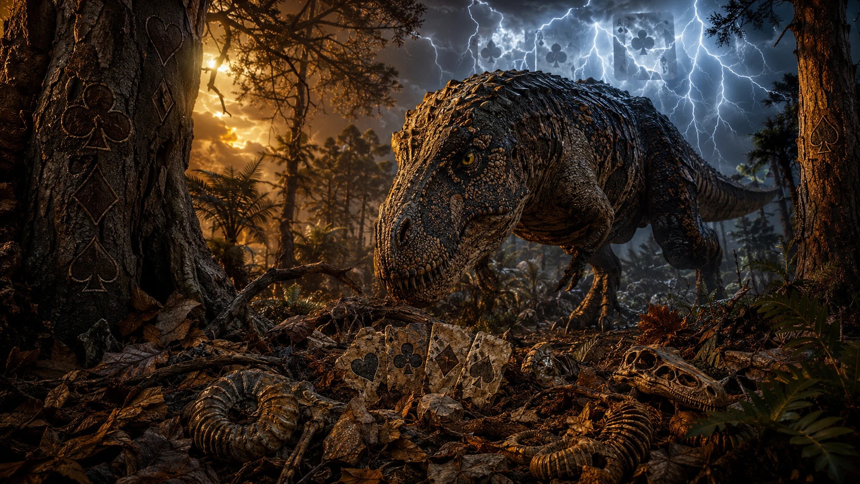 Dinosaurio depredador en un denso bosque prehistórico antes de la tormenta