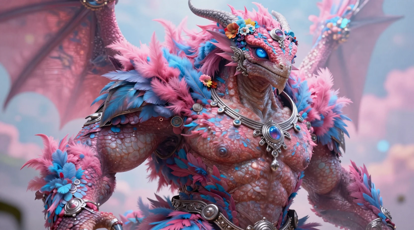 パステルファンタジーの世界に描かれた神秘的な深紅のワイバーンハイブリッド