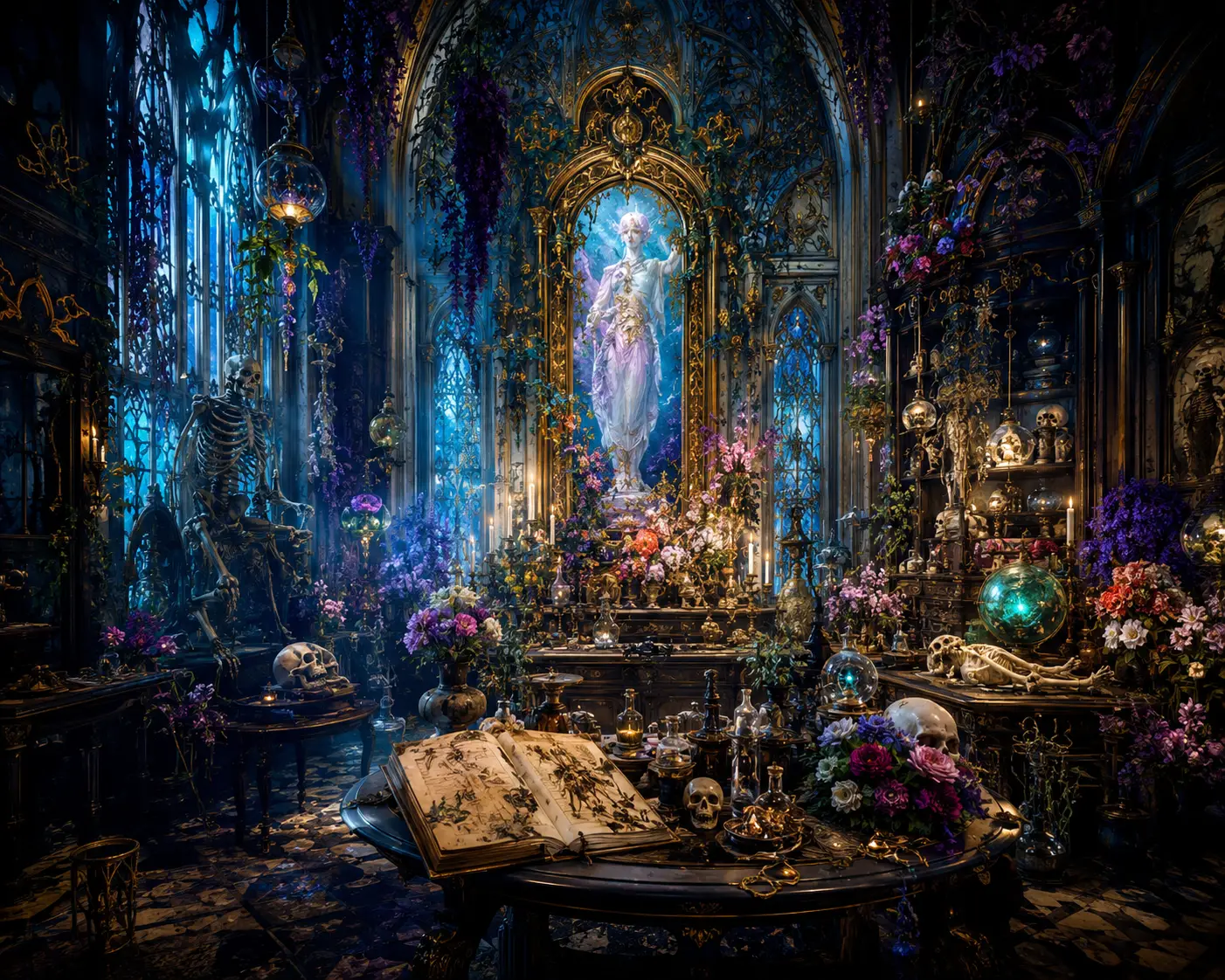 Mystical necromancer workshop filled with gothic baroque details