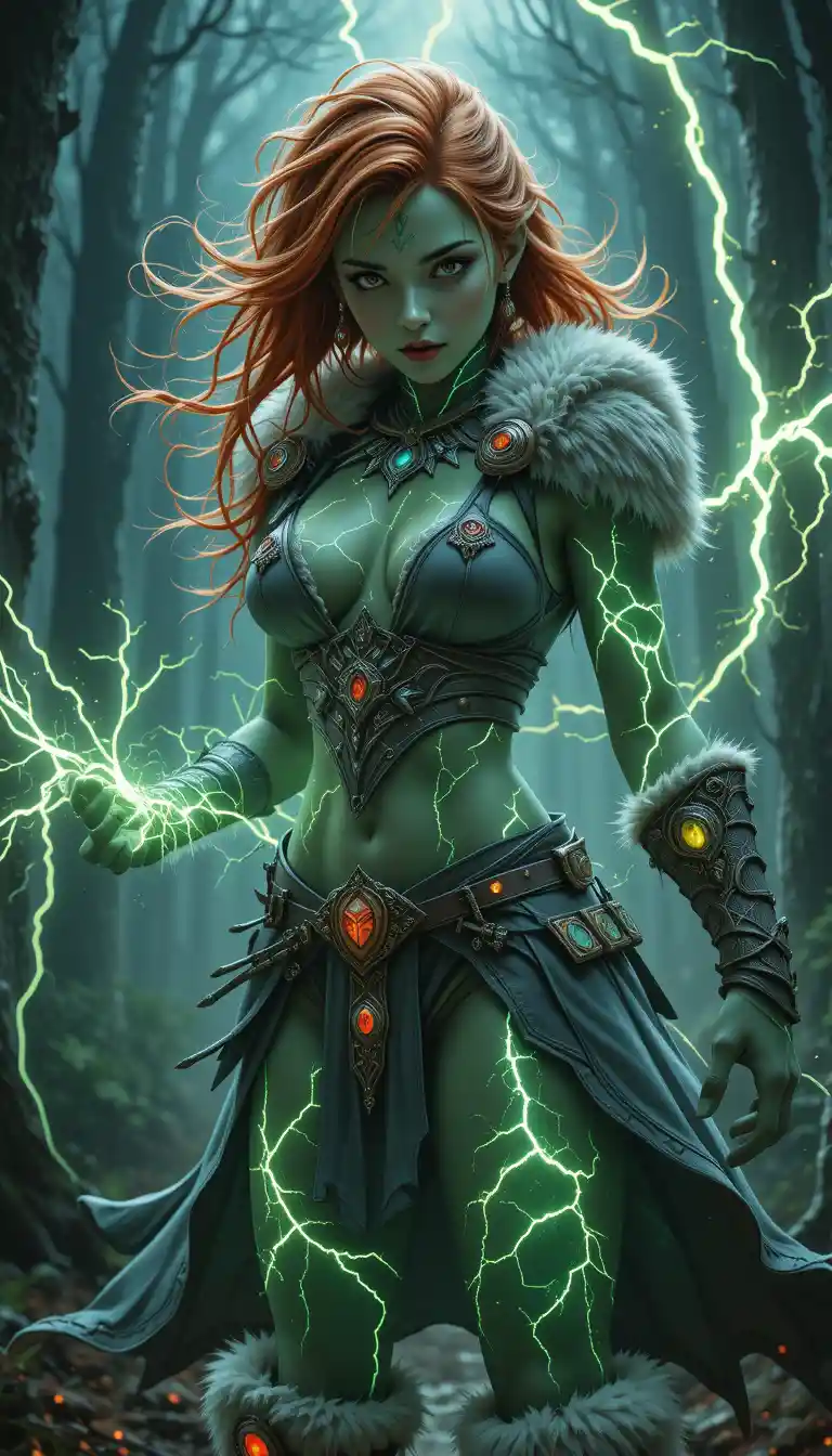 Guerrera tímida de fantasía posando con energía eléctrica