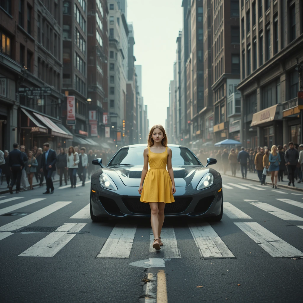 Joven chica cruzando una concurrida calle de Nueva York